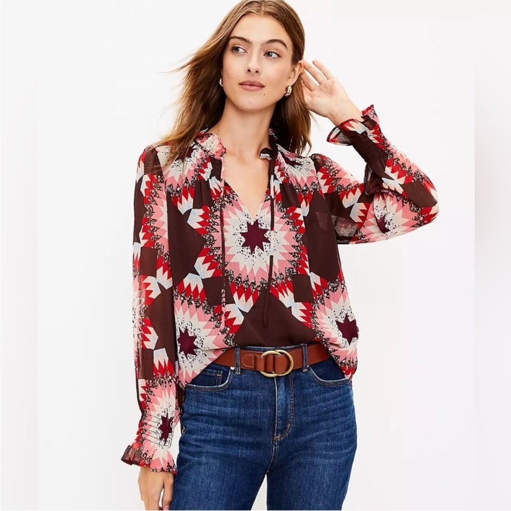LOFT Boho Smocked Ruffle Tie Neck Blouse | Geometric Print | Size MP Petite